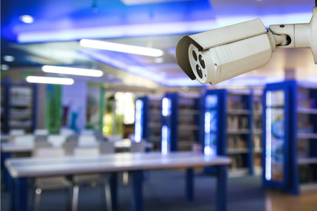Indoor CCTV monitoring, security cameras in a school library.