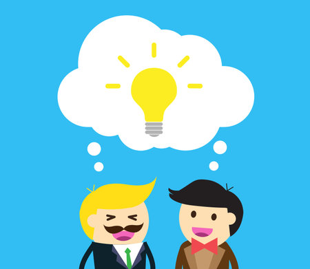 businessman Share Idea. cartoon flat design. Business plan concept. two business man yellow background. team teamwork.Brainstorming. fix the problem.のイラスト素材