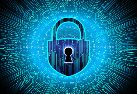 Safety concept, Closed Padlock on digital background, cyber security, Blue abstract hi speed internet technology background illustration.のイラスト素材