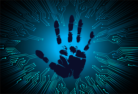 Safety concept,  cyber security, blue abstract hi speed internet technology background illustration. key, sci fi, fingerprint. scanning. Hand print.のイラスト素材