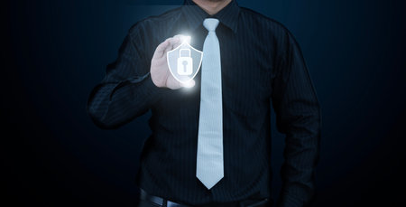 cyber security data and system protection concept. Man hold the trust secure icon to show about...