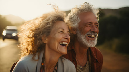 Happy senior couple walking on a road in the countryside. They are laughing and looking at camera.の素材