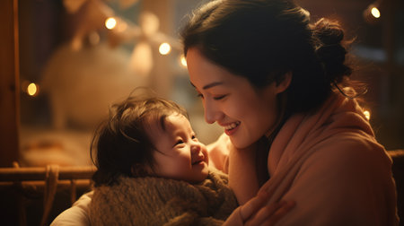 Young mother with her cute little daughter at home. Happy family conceptの素材