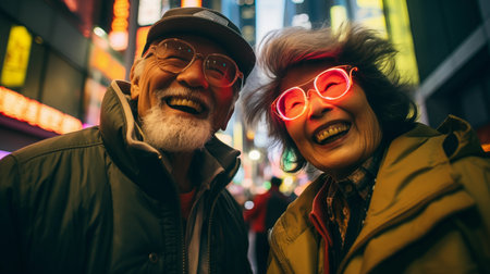 Happy senior couple walking in the city at night - Asian people lifestyleの素材
