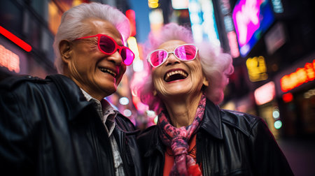 Cheerful senior couple having fun in the city at night.の素材