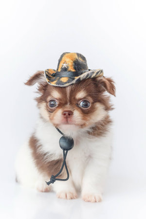 Cute Chihuahua puppy Wearing cowboy hat, sitting on white floor.の写真素材