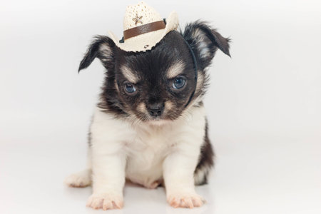 Cute Chihuahua puppy Wearing cowboy hat, sitting on white floor.の写真素材