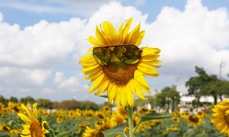 Sunflower wearing sunglasses on blue skyの写真素材