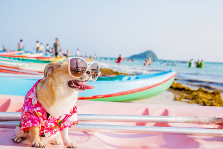 Chihuahua dog wearing sunglasses  on a Kayak at the ocean shoreの写真素材