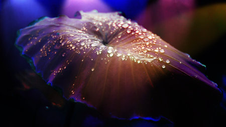 imagine fantasy lotus leaf and rain drop with colorful light in river, beautiful nature landscape...