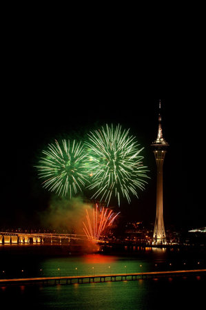 Celebration of New Year in Macau with fireworks beside the Tower Convention and Sai Van bridge