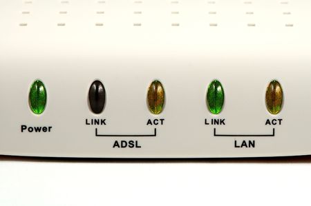 Cable (broadband) modem with leds status over whiteの写真素材