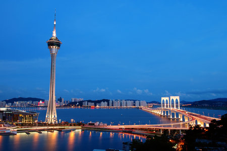 The night view of Macau Tower Convention and Sai Van bridgeのeditorial素材