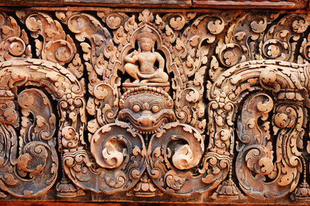 Carving of gopura at Banteay Sreiz, Cambodiaの写真素材
