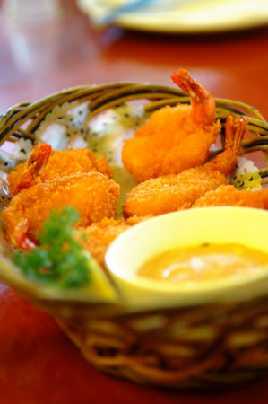 A view of fired shrimps on basket