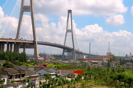 The panorama of Xu Pu bridge in Shanghai, Chinaの写真素材