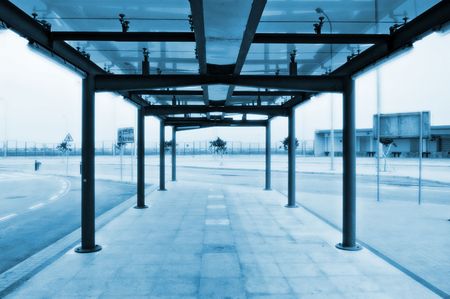 The perspective view of bus stop shield in blue toneの写真素材