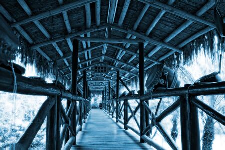 The corridor of wooden walk bridge over lake in garden in blue toneの写真素材