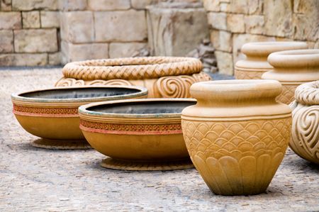 The group of antique decorative clay vasesの写真素材