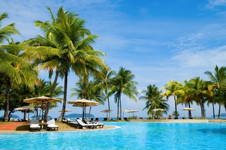 Morning in tropical hotel, with palm tree and swimming poolの写真素材