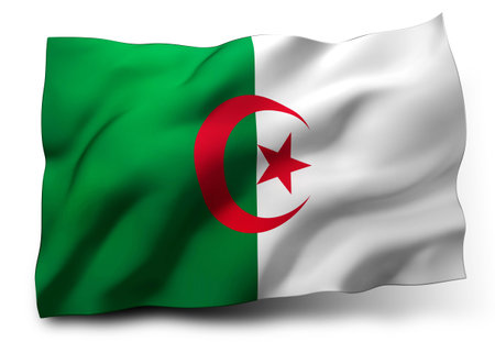 Waving flag of Algeria isolated on white backgroundの写真素材