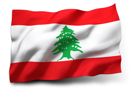 Waving flag of Lebanon isolated on white backgroundの写真素材