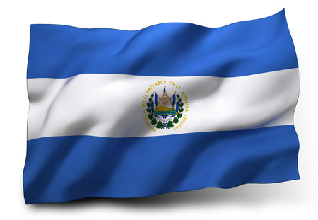 Waving flag of El Salvador isolated on white backgroundの写真素材
