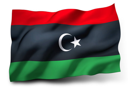 Waving flag of Libya isolated on white backgroundの写真素材