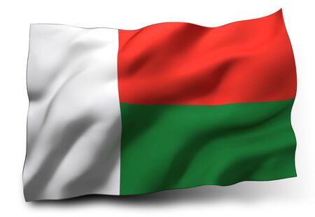 Waving flag of Madagascar isolated on white backgroundの写真素材