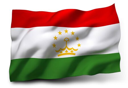 Waving flag of Tajikistan isolated on white backgroundの写真素材