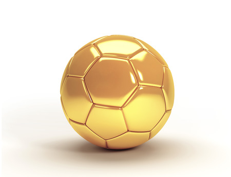 Golden soccer ball isolated on white backgroundの写真素材