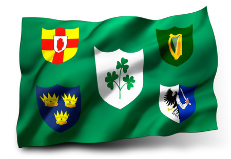 Waving rugby flag of Ireland isolated on white backgroundの写真素材