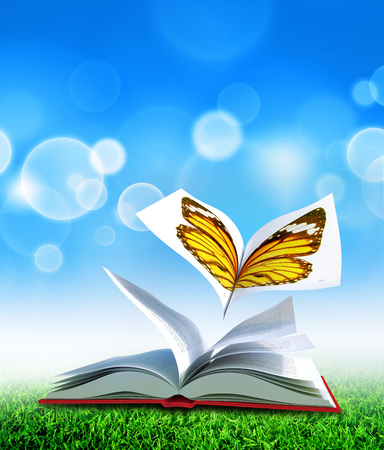 Red hardcover book open in its middle, as the wings of a butterflyの写真素材
