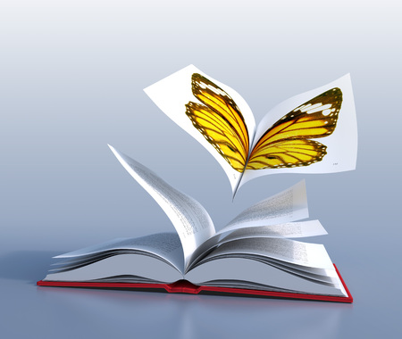 Red hardcover book open in its middle, as the wings of a butterflyの写真素材