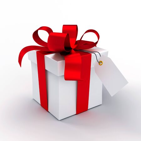 White gift box tied up with red ribbons, isolated on whiteの写真素材