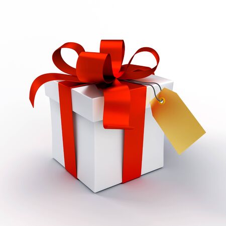 White gift box tied up with red ribbons, isolated on whiteの写真素材