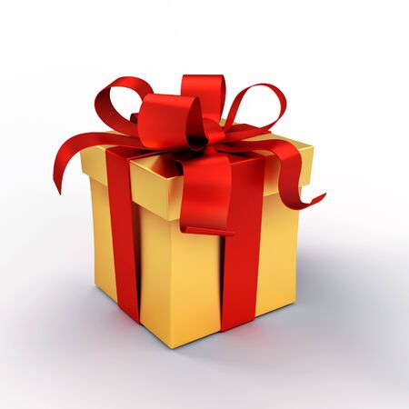 Golden gift box tied up with red ribbons, isolated on whiteの写真素材