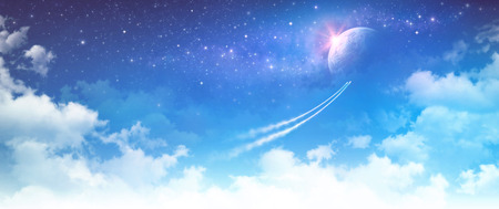 Space travel. Spacecrafts breaking through the clouds toward deep spaceの写真素材