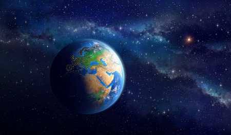 Very high definition picture of the Earth in outer space. View of European, African and Asian continent. Elements of this image furnished by NASAの写真素材