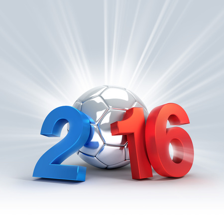 2016 year illustrated with an illuminated silver soccer ballの写真素材