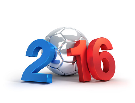 2016 year illustrated with a silver soccer ball, isolated on whiteの写真素材