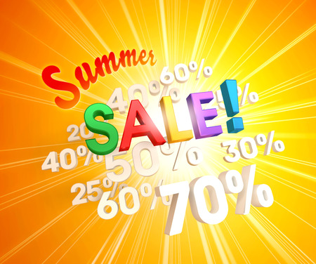 Colorful summer sale letters upon white percent numbers and sunlightの写真素材