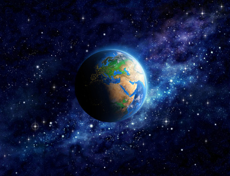 Imaginary view of planet Earth into deep space, focused on Europe, Asia and Middle East. Elements of this image furnished by NASAの写真素材