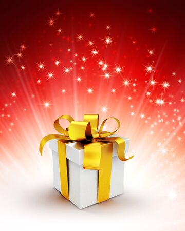 White gift box with gold ribbon on a shiny red background with starlight explosionの写真素材