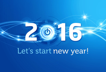 2016 New Year type with a power button on a shiny blue backgroundの写真素材