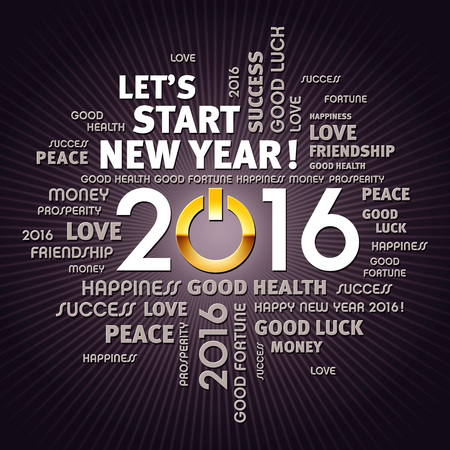 Greeting words around 2016 year type with a gold power buttonの写真素材