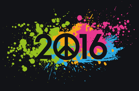 New Year 2016 date on colorful paint stains with the peace and love symbolの写真素材