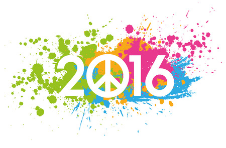 New Year 2016 date on colorful paint stains with the peace and love symbolの写真素材