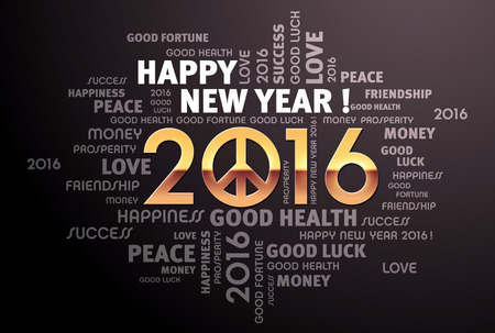Greeting words around 2016 year type in gold with peace and love symbol on a black backgroundの写真素材