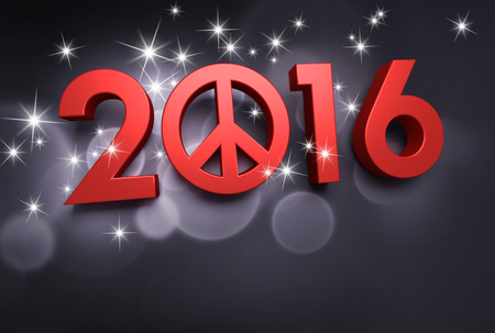 Red 2016 year type with peace and love symbol on a black backgroundの写真素材